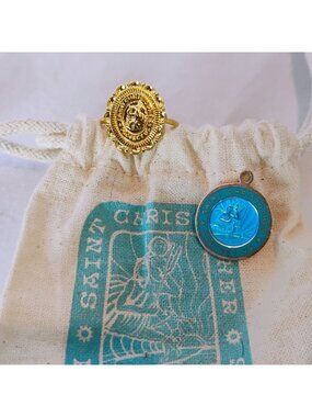 Get Back St Christopher Protect Us Blue Enamel Surfer Charm Pendant & Ring Sz 8